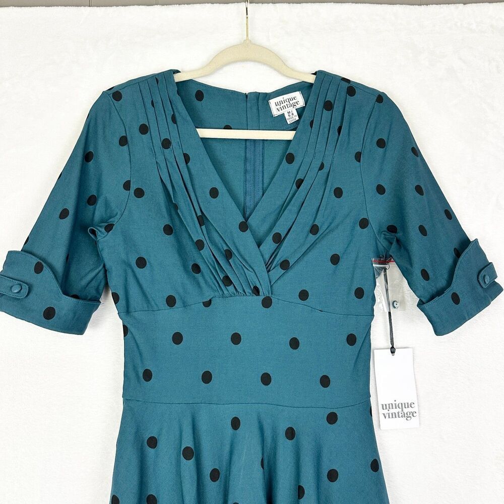 Unique Vintage Delores Swing Dress Size Medium 6/8 NWT Teal Black Dot Rockabilly - Picture 3 of 6